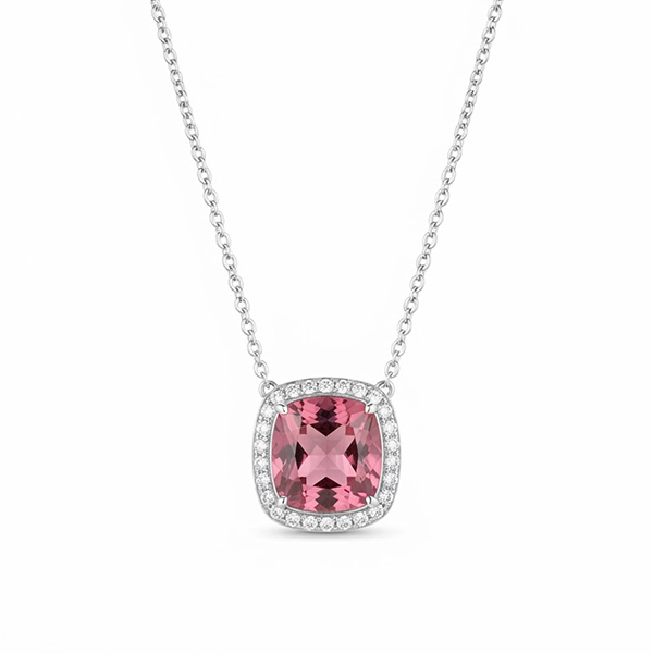 18K Pink Tourmaline Diamond Halo Pendant on Chain